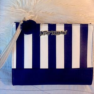 Black White Stripe Makeup Bag Clutch Purse Gold Wristlet Strap & Letters NEW